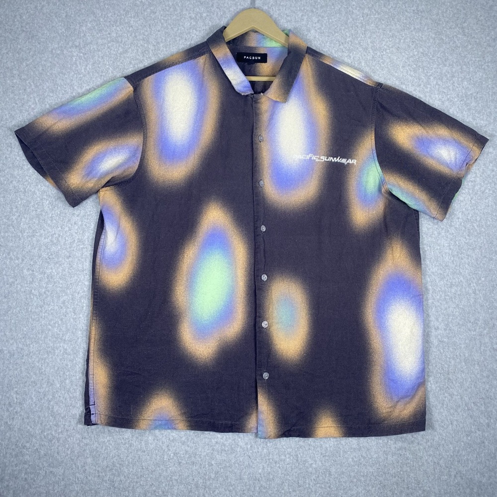 PacSun Button Down Shirt Mens XL Black Multi Abstract Heat Map Aura Print Logo